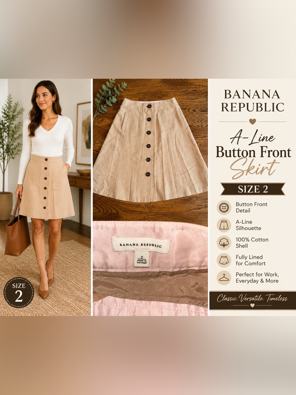 Banana Republic A-Line Button Front Skirt Size 2 Tan Cotton Fully Lined